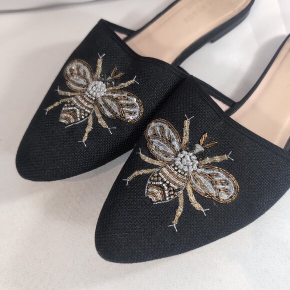 Kate Spade Maddie BEE Buzz Worthy Shoes Flats Black Gold Beaded Embroidered 7.5 - Picture 2 of 16